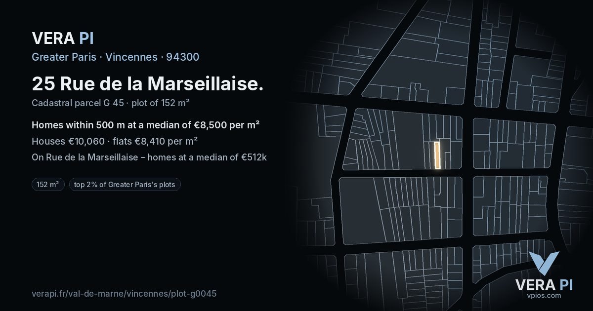 25 Rue de la Marseillaise, Vincennes at night – the plot lit, the parcels around coloured by the prices near them