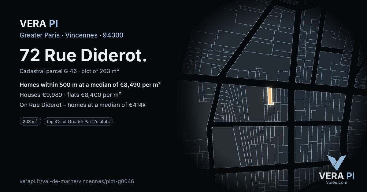 72 Rue Diderot, Vincennes at night – the plot lit, the parcels around coloured by the prices near them