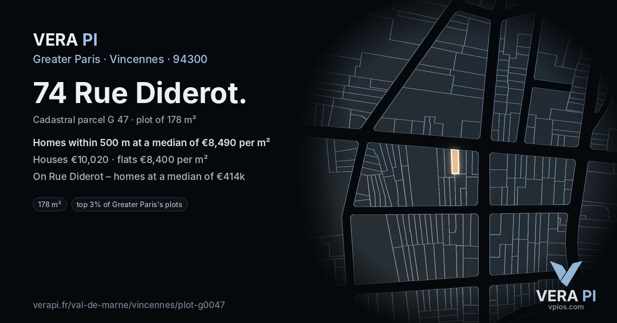74 Rue Diderot, Vincennes at night – the plot lit, the parcels around coloured by the prices near them
