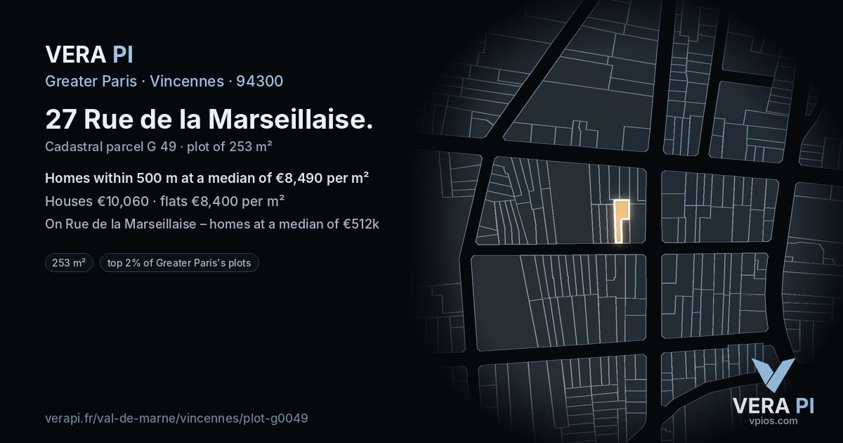 27 Rue de la Marseillaise, Vincennes at night – the plot lit, the parcels around coloured by the prices near them