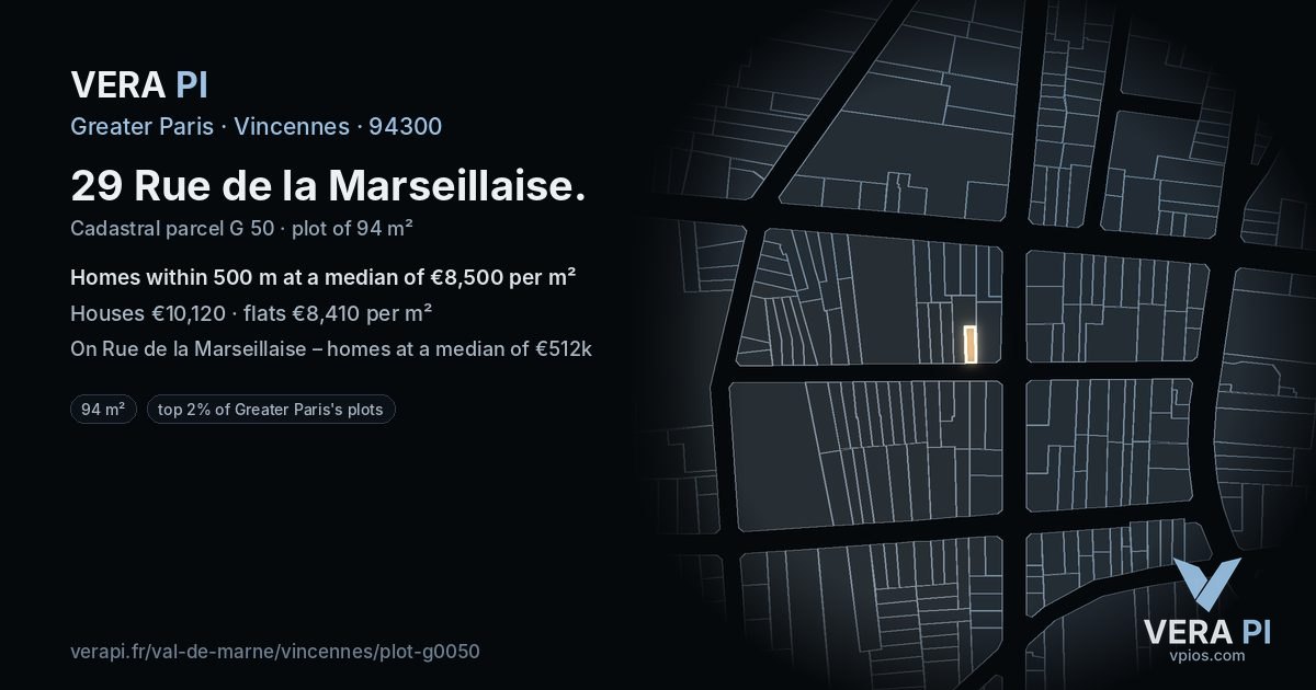 29 Rue de la Marseillaise, Vincennes at night – the plot lit, the parcels around coloured by the prices near them