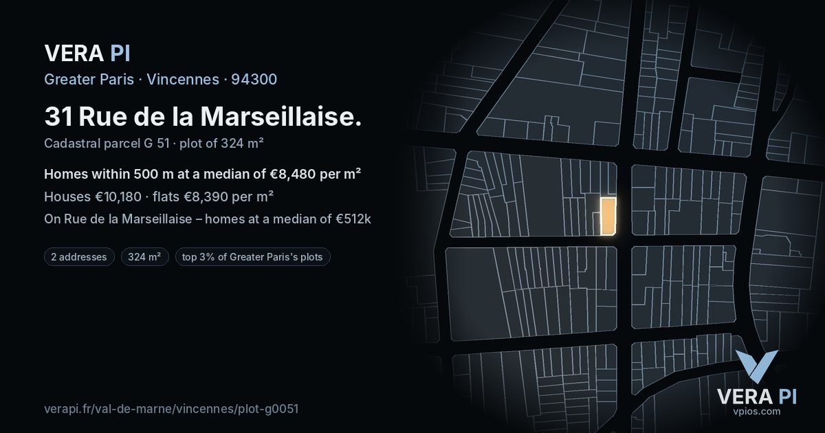 31 Rue de la Marseillaise, Vincennes at night – the plot lit, the parcels around coloured by the prices near them