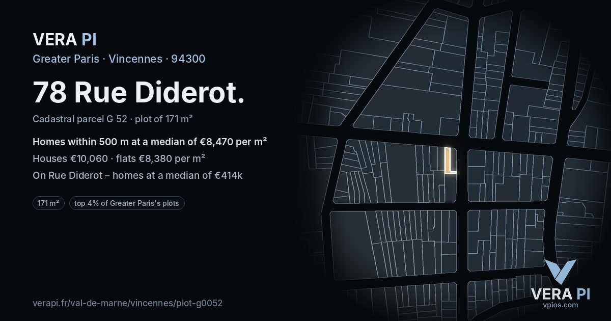 78 Rue Diderot, Vincennes at night – the plot lit, the parcels around coloured by the prices near them