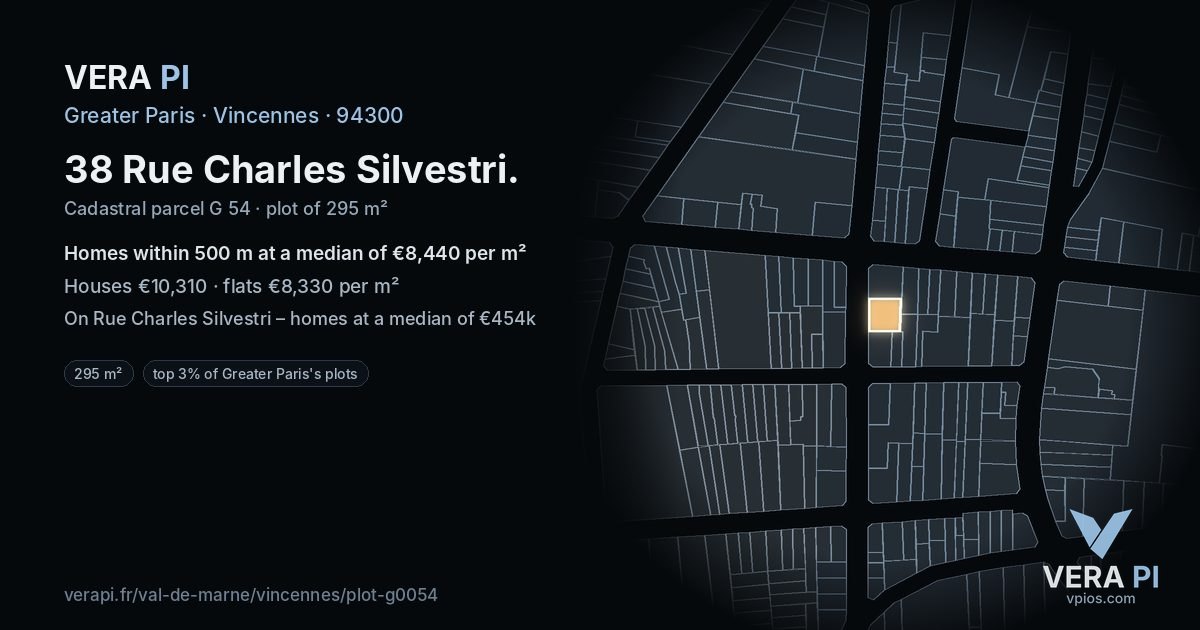 38 Rue Charles Silvestri, Vincennes at night – the plot lit, the parcels around coloured by the prices near them