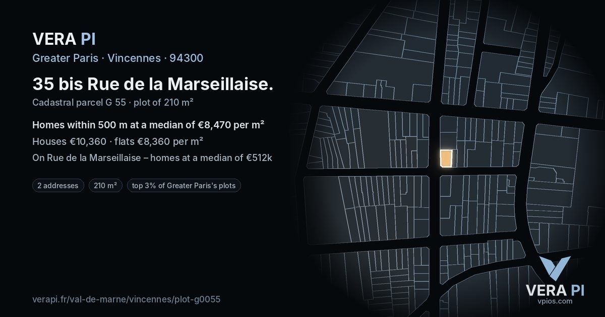35 bis Rue de la Marseillaise, Vincennes at night – the plot lit, the parcels around coloured by the prices near them