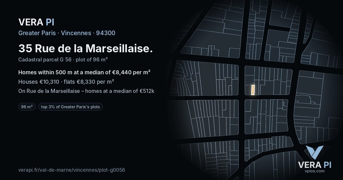 35 Rue de la Marseillaise, Vincennes at night – the plot lit, the parcels around coloured by the prices near them