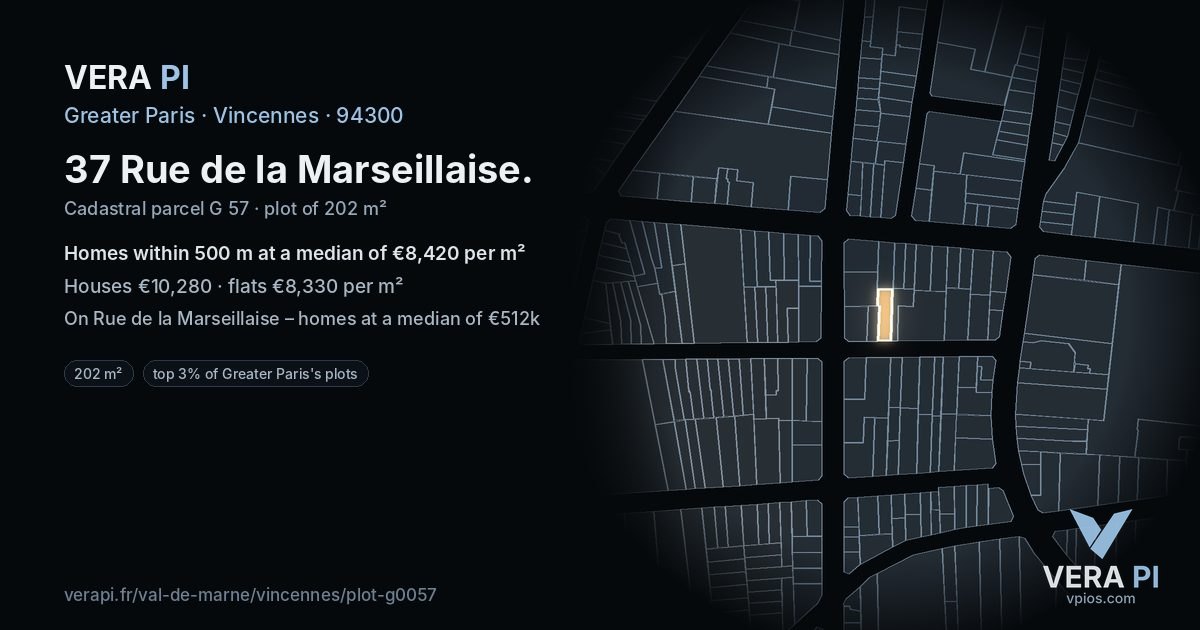 37 Rue de la Marseillaise, Vincennes at night – the plot lit, the parcels around coloured by the prices near them