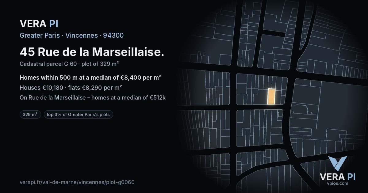 45 Rue de la Marseillaise, Vincennes at night – the plot lit, the parcels around coloured by the prices near them