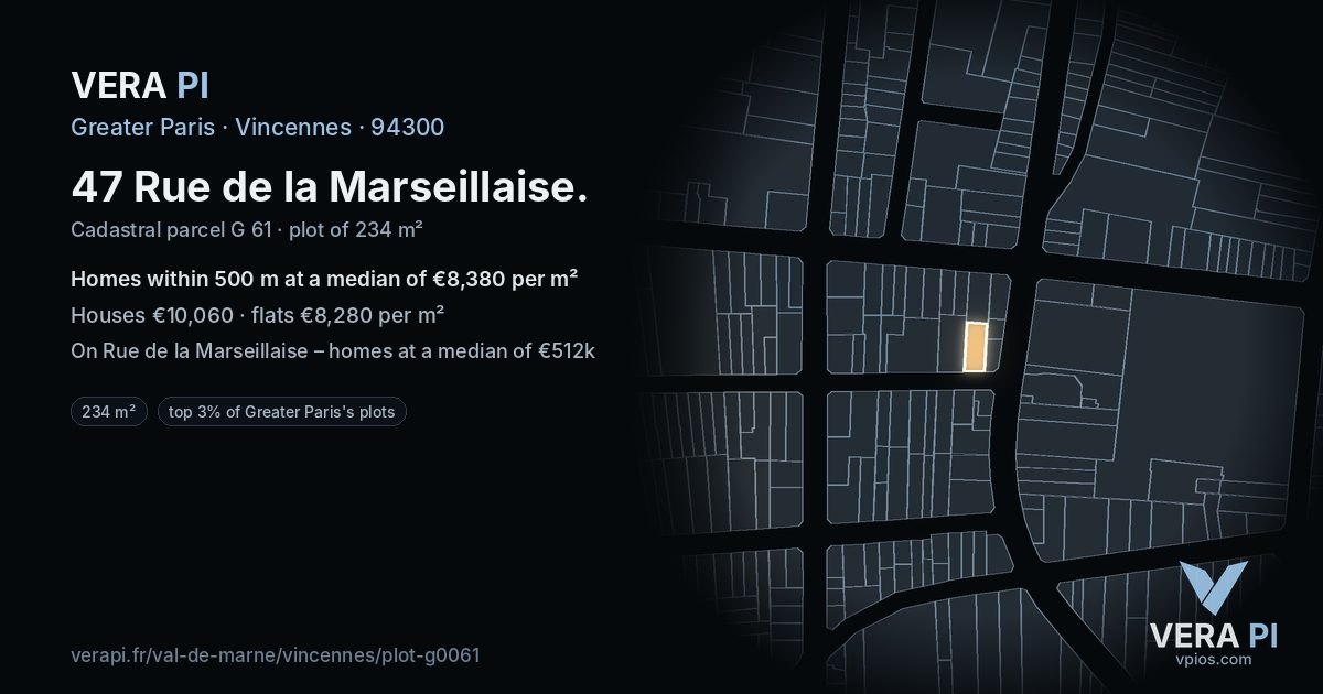 47 Rue de la Marseillaise, Vincennes at night – the plot lit, the parcels around coloured by the prices near them
