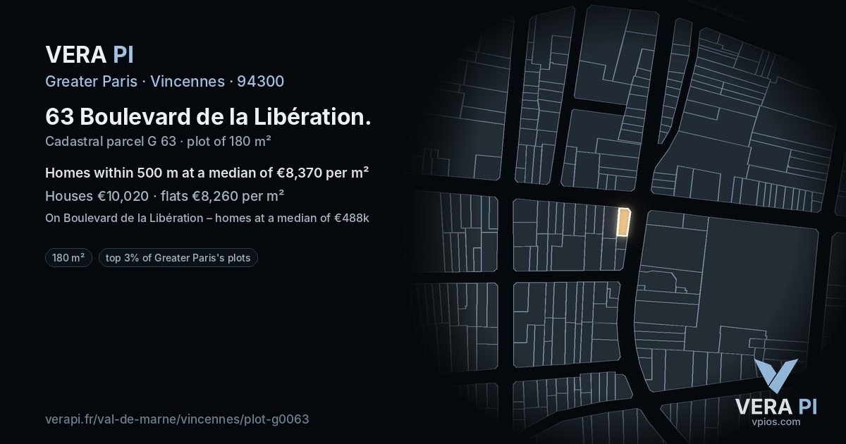 63 Boulevard de la Libération, Vincennes at night – the plot lit, the parcels around coloured by the prices near them