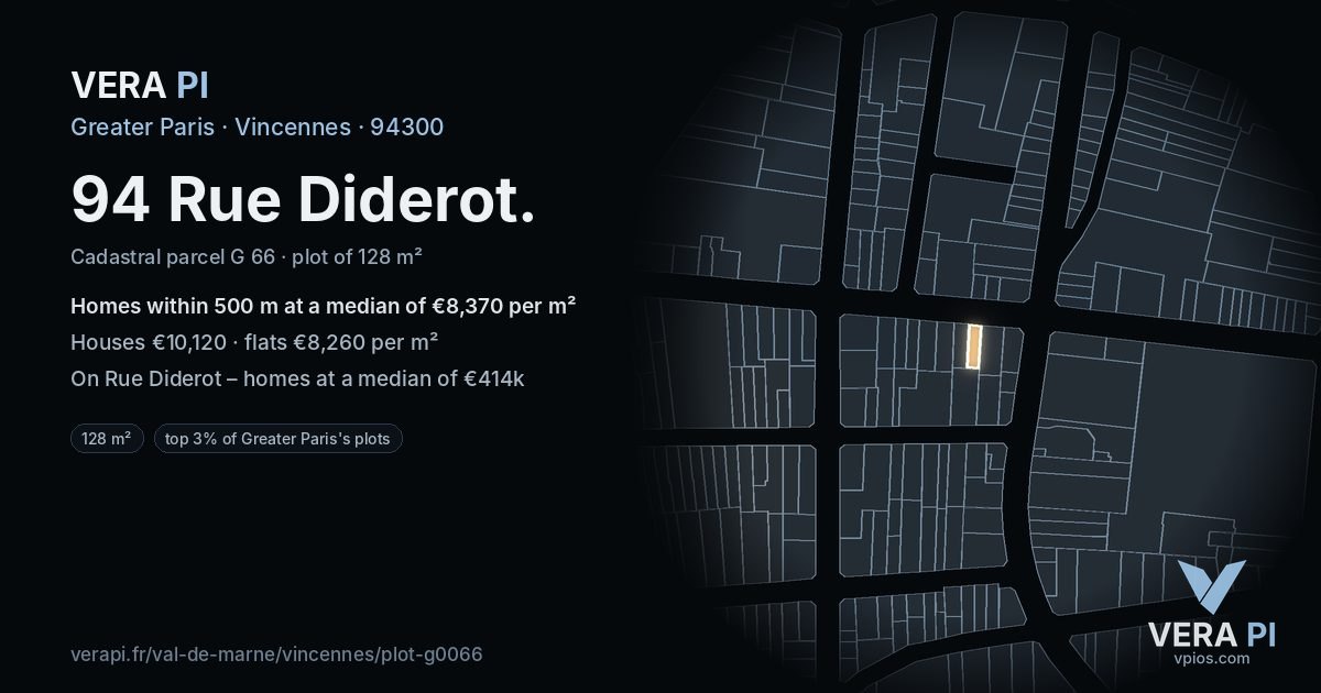 94 Rue Diderot, Vincennes at night – the plot lit, the parcels around coloured by the prices near them