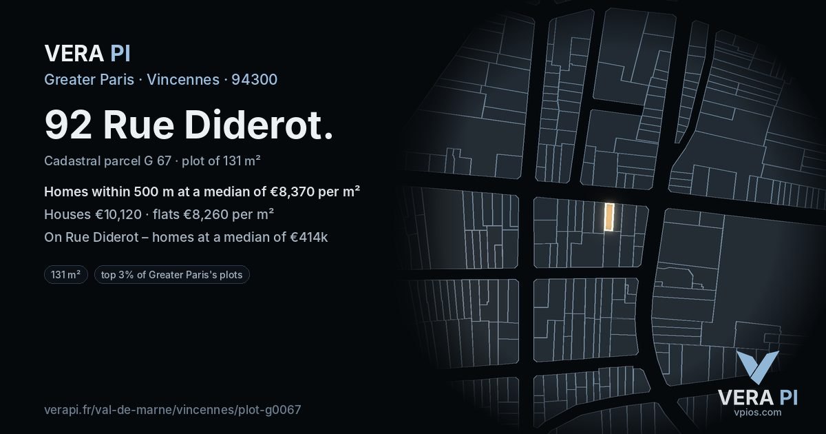 92 Rue Diderot, Vincennes at night – the plot lit, the parcels around coloured by the prices near them
