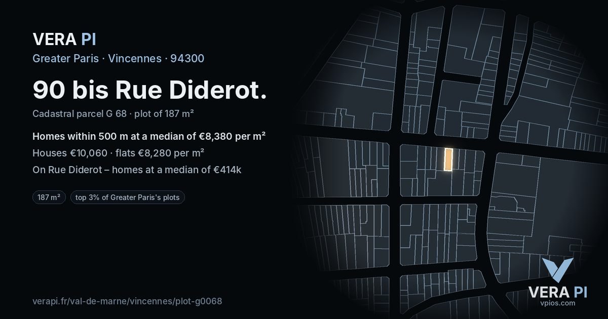 90 bis Rue Diderot, Vincennes at night – the plot lit, the parcels around coloured by the prices near them