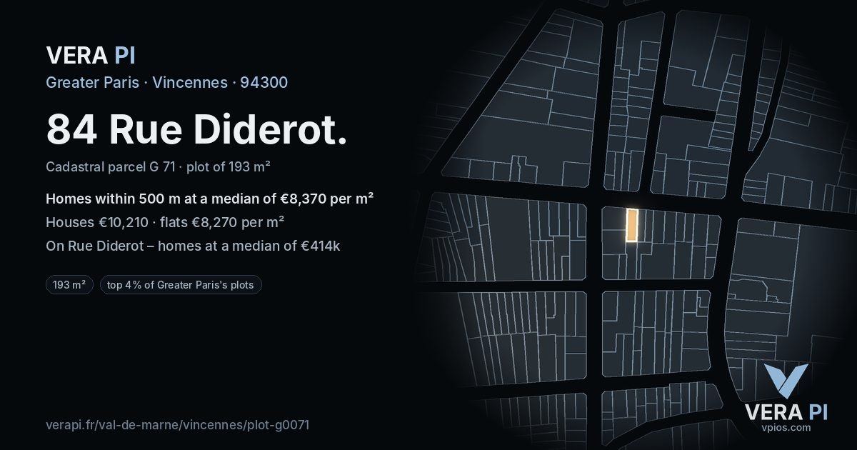 84 Rue Diderot, Vincennes at night – the plot lit, the parcels around coloured by the prices near them