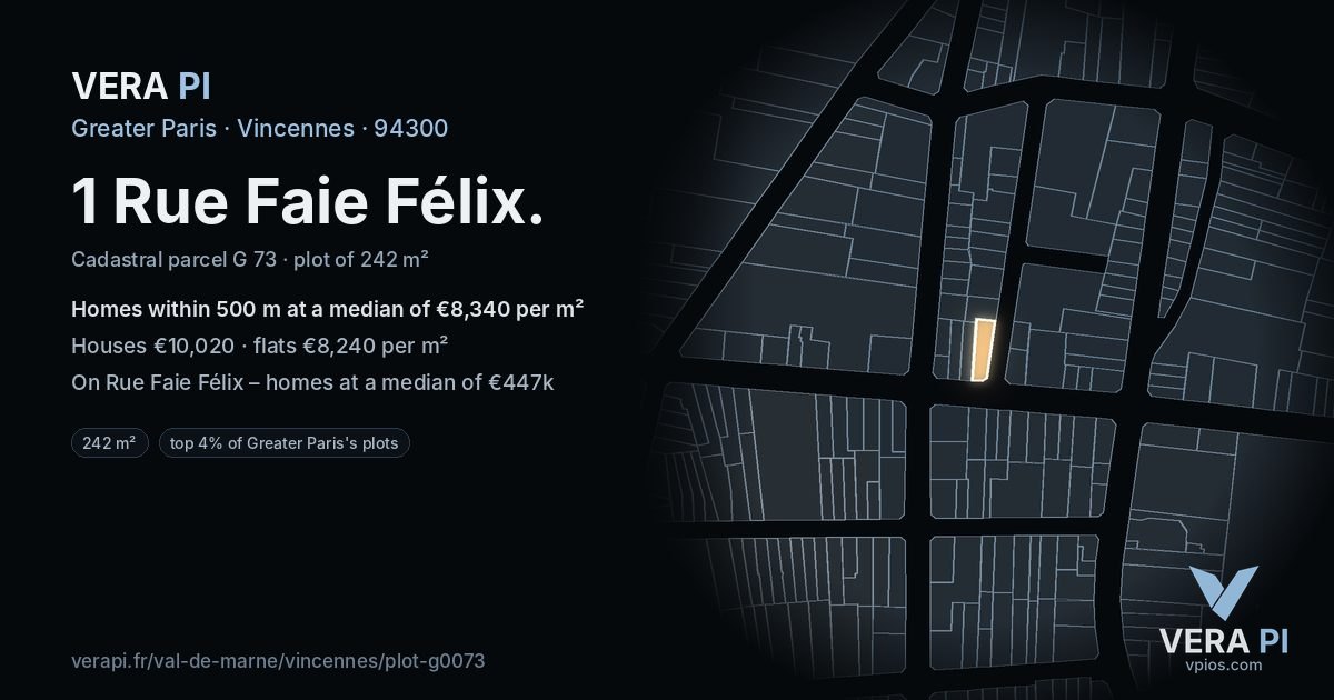 1 Rue Faie Félix, Vincennes at night – the plot lit, the parcels around coloured by the prices near them