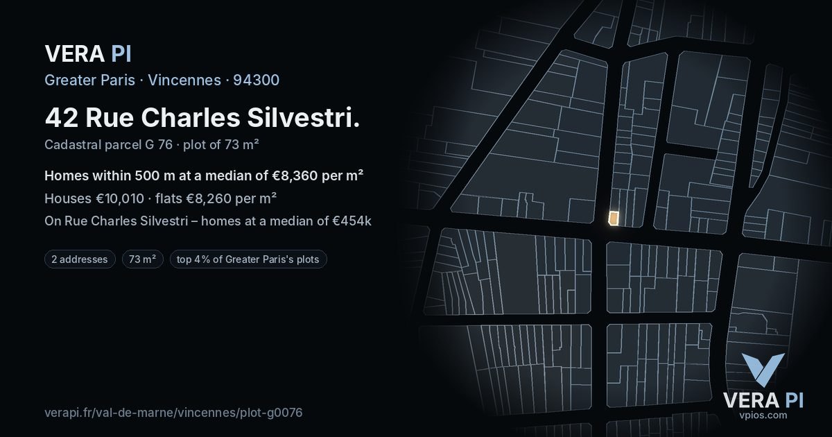 42 Rue Charles Silvestri, Vincennes at night – the plot lit, the parcels around coloured by the prices near them