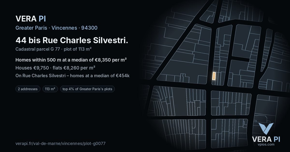44 bis Rue Charles Silvestri, Vincennes at night – the plot lit, the parcels around coloured by the prices near them