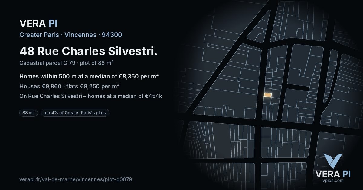 48 Rue Charles Silvestri, Vincennes at night – the plot lit, the parcels around coloured by the prices near them