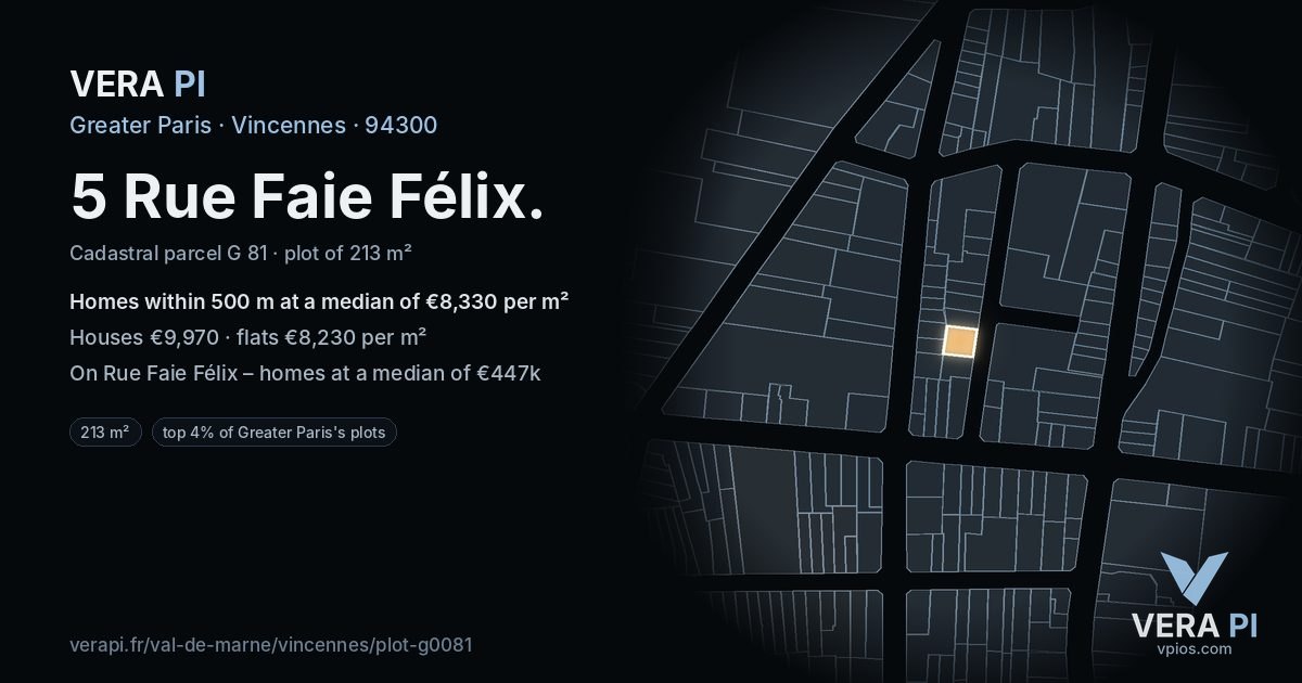 5 Rue Faie Félix, Vincennes at night – the plot lit, the parcels around coloured by the prices near them