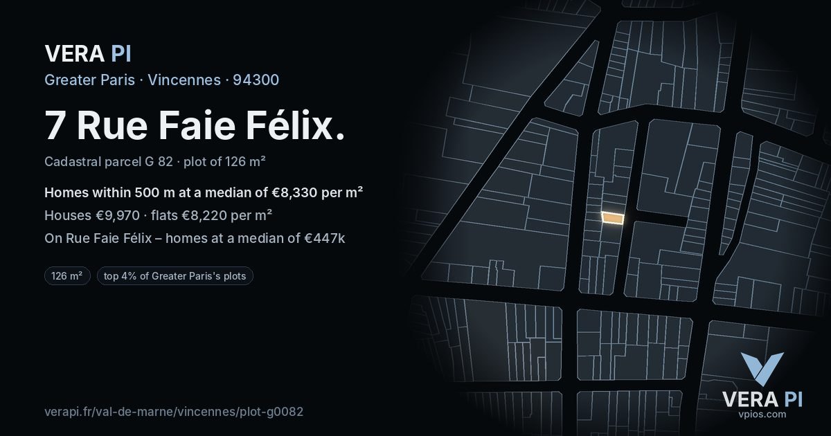 7 Rue Faie Félix, Vincennes at night – the plot lit, the parcels around coloured by the prices near them