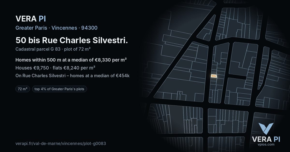 50 bis Rue Charles Silvestri, Vincennes at night – the plot lit, the parcels around coloured by the prices near them