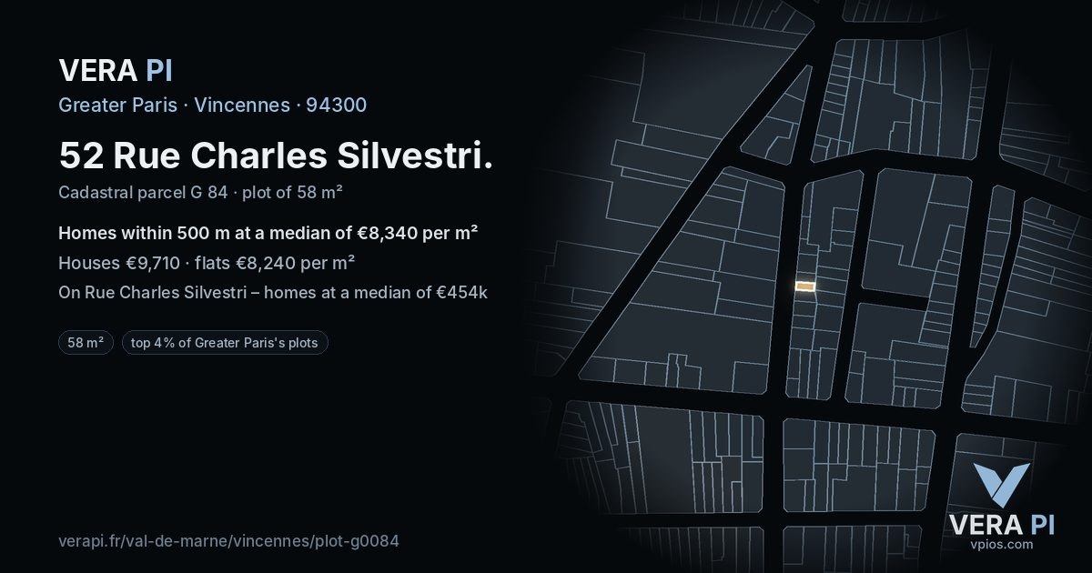 52 Rue Charles Silvestri, Vincennes at night – the plot lit, the parcels around coloured by the prices near them