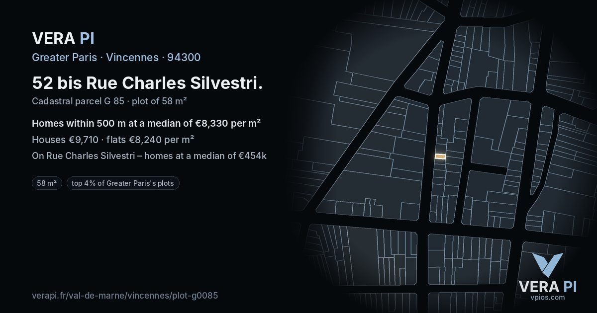 52 bis Rue Charles Silvestri, Vincennes at night – the plot lit, the parcels around coloured by the prices near them