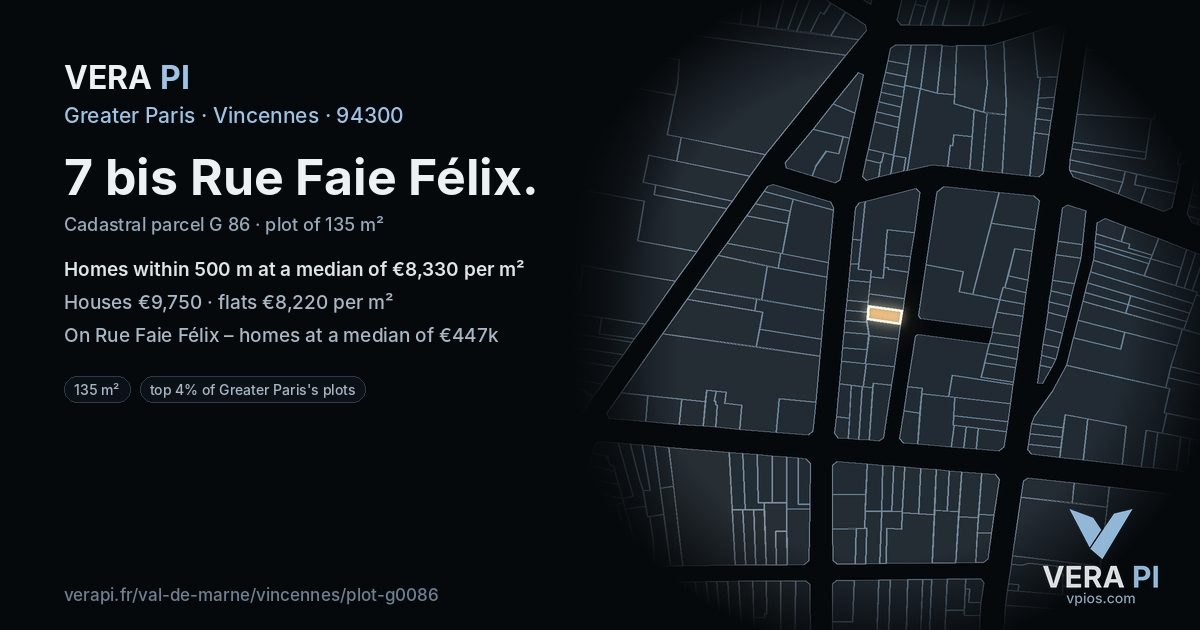 7 bis Rue Faie Félix, Vincennes at night – the plot lit, the parcels around coloured by the prices near them