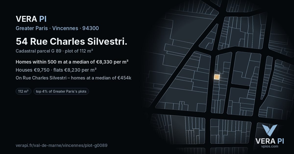 54 Rue Charles Silvestri, Vincennes at night – the plot lit, the parcels around coloured by the prices near them