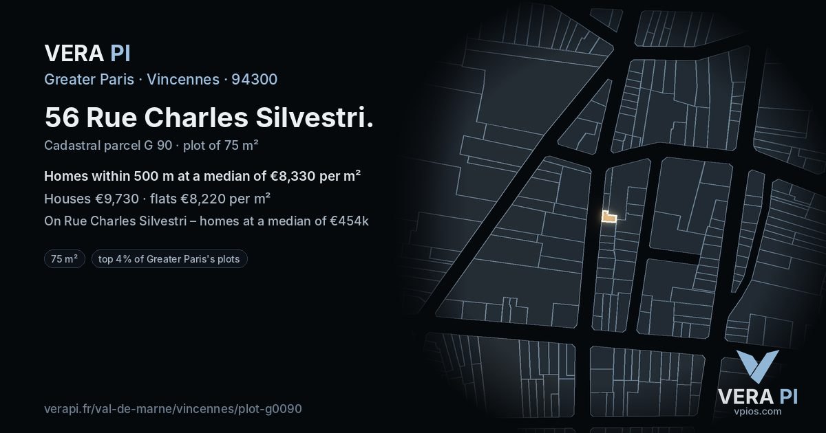 56 Rue Charles Silvestri, Vincennes at night – the plot lit, the parcels around coloured by the prices near them