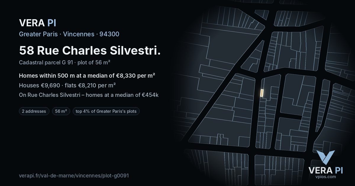 58 Rue Charles Silvestri, Vincennes at night – the plot lit, the parcels around coloured by the prices near them
