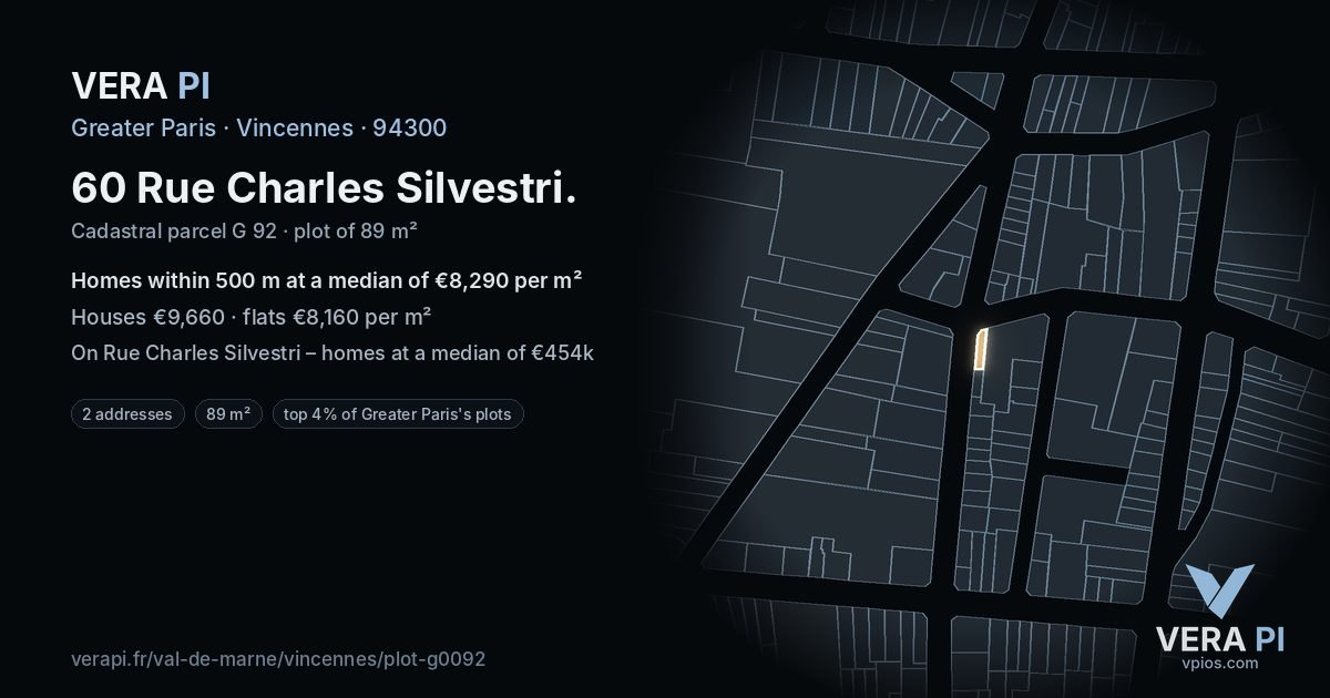 60 Rue Charles Silvestri, Vincennes at night – the plot lit, the parcels around coloured by the prices near them