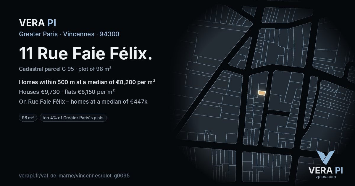 11 Rue Faie Félix, Vincennes at night – the plot lit, the parcels around coloured by the prices near them