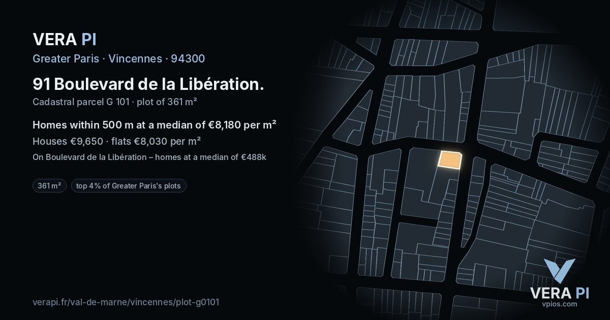 91 Boulevard de la Libération, Vincennes at night – the plot lit, the parcels around coloured by the prices near them