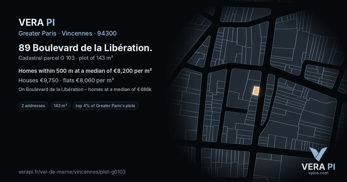 89 Boulevard de la Libération, Vincennes at night – the plot lit, the parcels around coloured by the prices near them