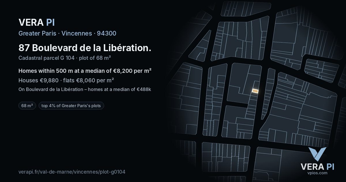 87 Boulevard de la Libération, Vincennes at night – the plot lit, the parcels around coloured by the prices near them