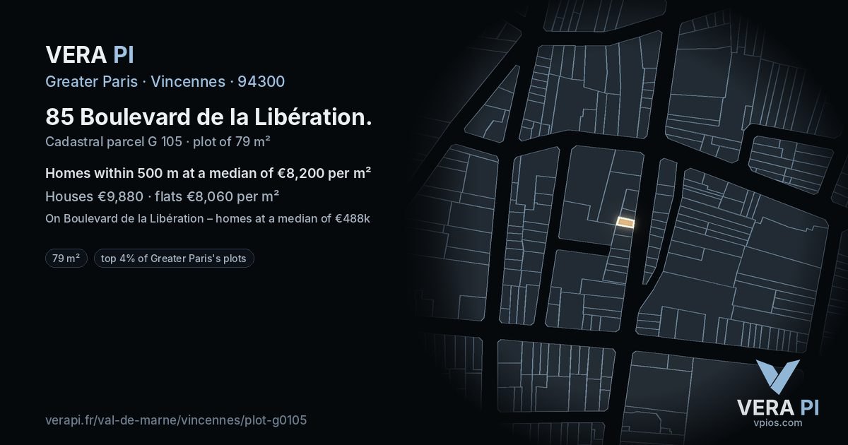 85 Boulevard de la Libération, Vincennes at night – the plot lit, the parcels around coloured by the prices near them