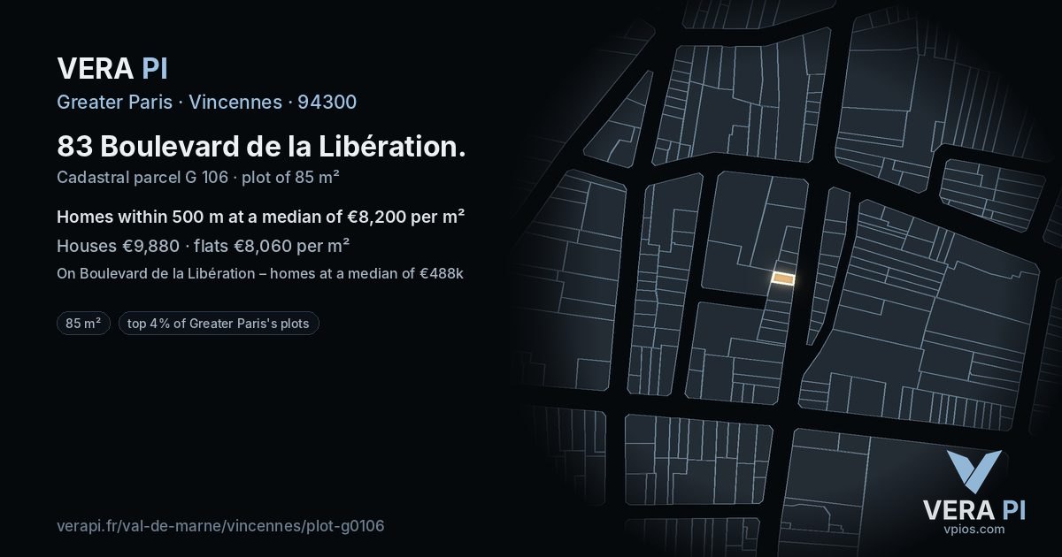 83 Boulevard de la Libération, Vincennes at night – the plot lit, the parcels around coloured by the prices near them