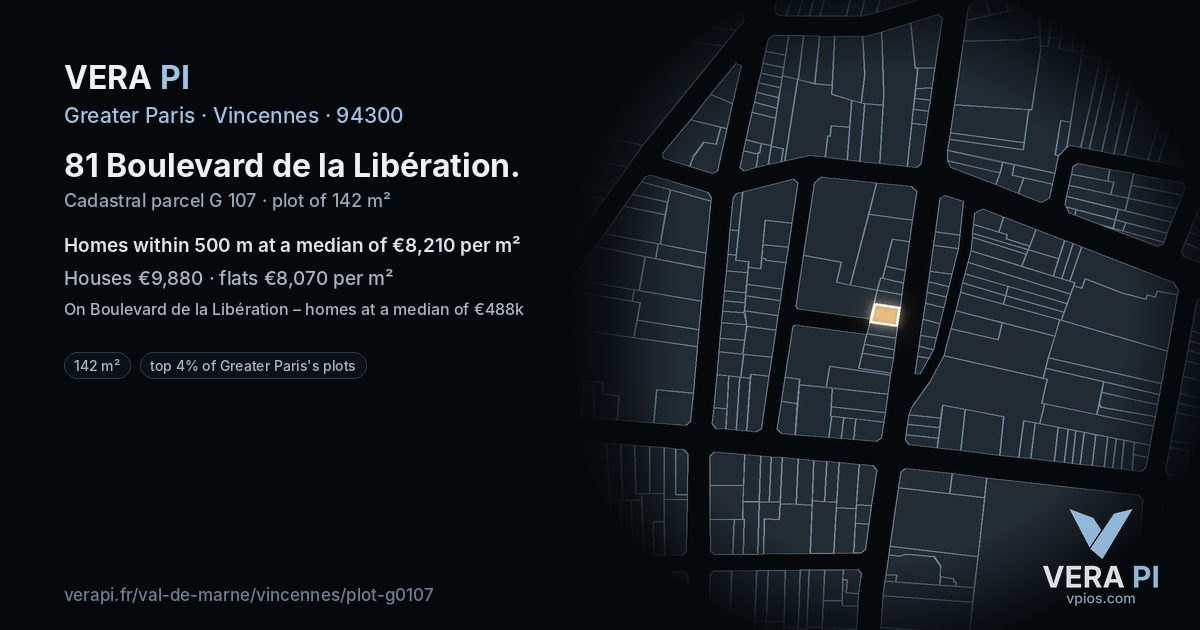 81 Boulevard de la Libération, Vincennes at night – the plot lit, the parcels around coloured by the prices near them