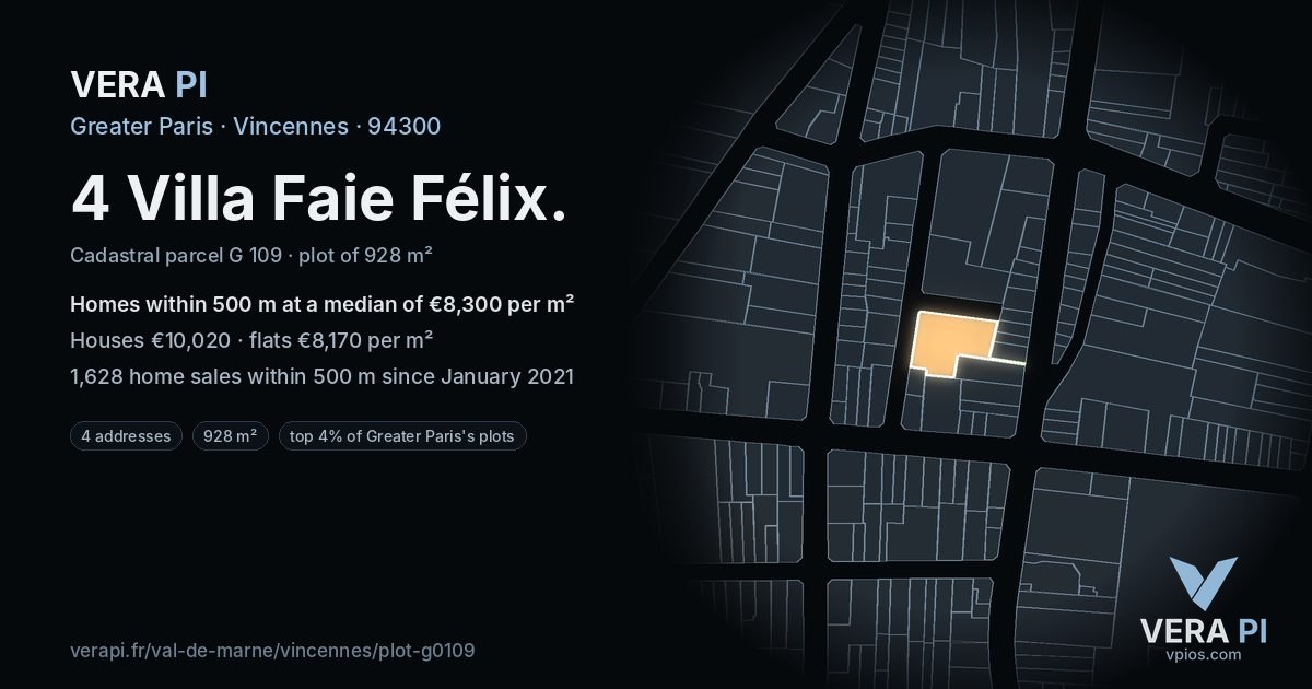 4 Villa Faie Félix, Vincennes at night – the plot lit, the parcels around coloured by the prices near them