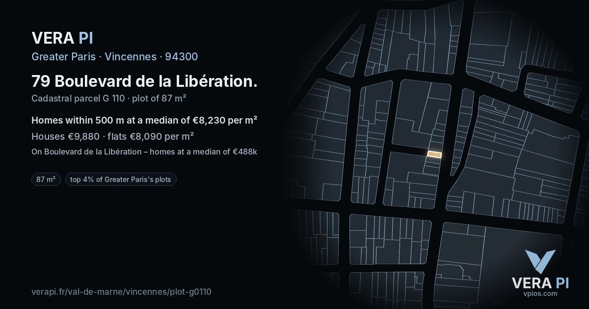 79 Boulevard de la Libération, Vincennes at night – the plot lit, the parcels around coloured by the prices near them