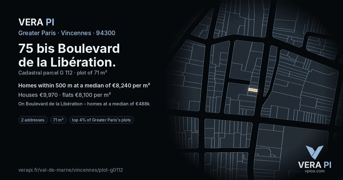 75 bis Boulevard de la Libération, Vincennes at night – the plot lit, the parcels around coloured by the prices near them