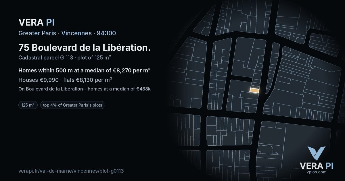 75 Boulevard de la Libération, Vincennes at night – the plot lit, the parcels around coloured by the prices near them