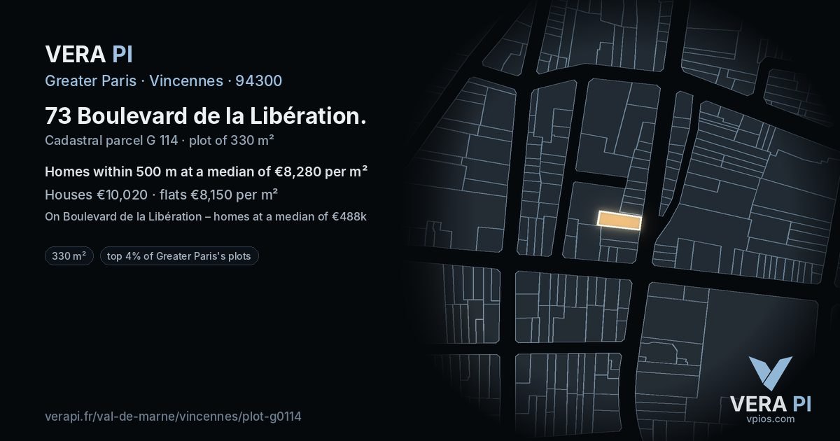 73 Boulevard de la Libération, Vincennes at night – the plot lit, the parcels around coloured by the prices near them