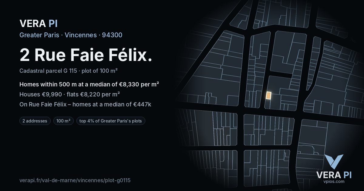 2 Rue Faie Félix, Vincennes at night – the plot lit, the parcels around coloured by the prices near them