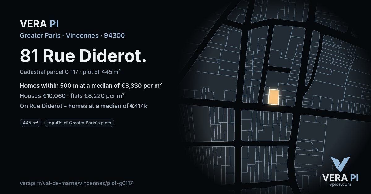 81 Rue Diderot, Vincennes at night – the plot lit, the parcels around coloured by the prices near them