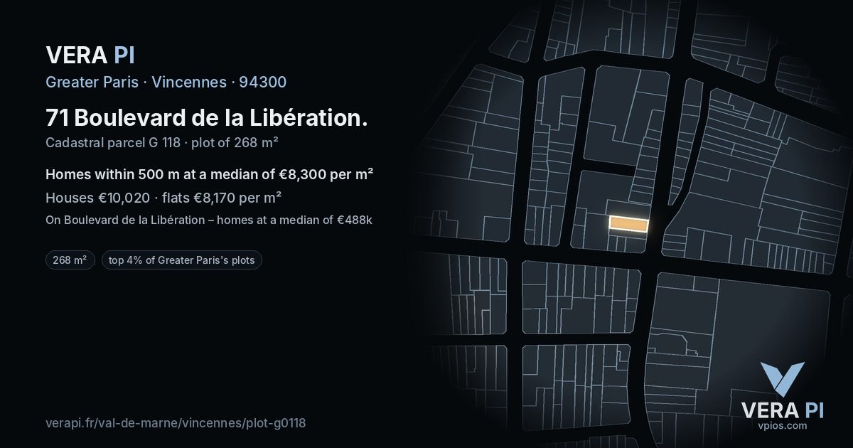 71 Boulevard de la Libération, Vincennes at night – the plot lit, the parcels around coloured by the prices near them