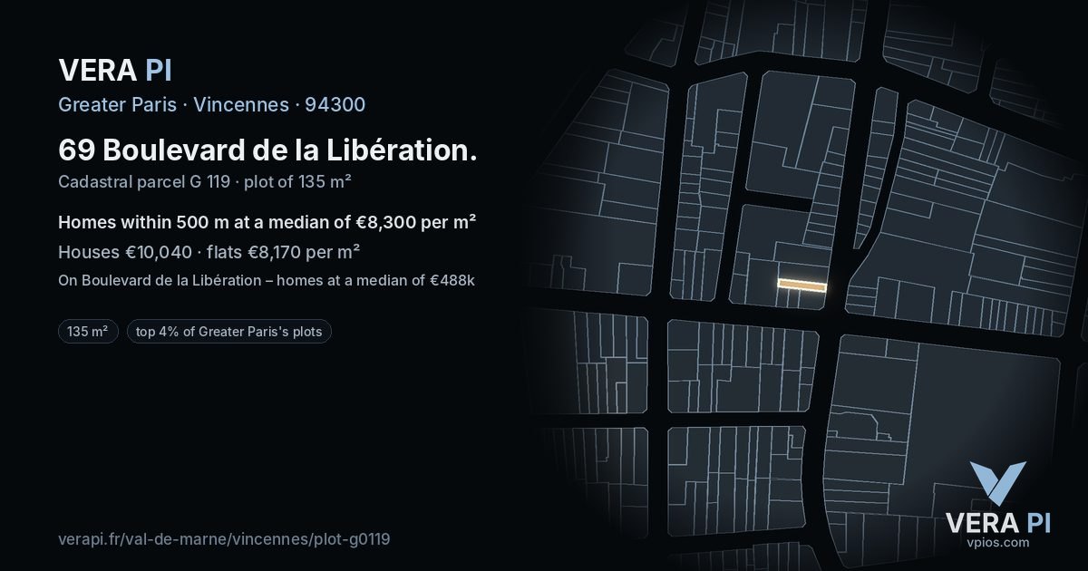 69 Boulevard de la Libération, Vincennes at night – the plot lit, the parcels around coloured by the prices near them
