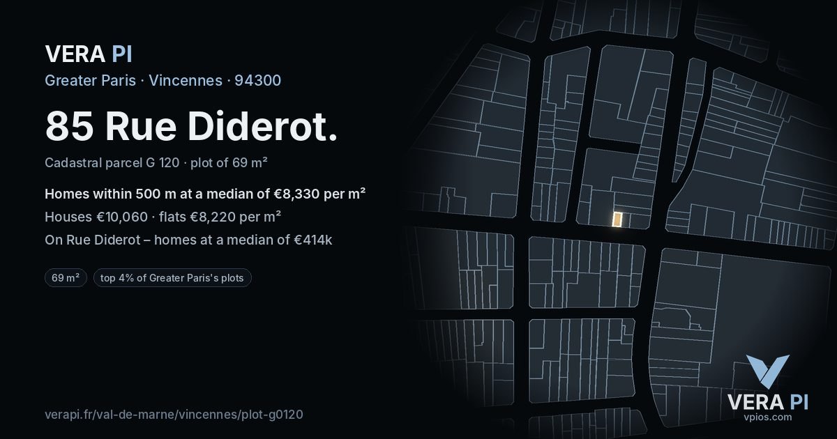 85 Rue Diderot, Vincennes at night – the plot lit, the parcels around coloured by the prices near them