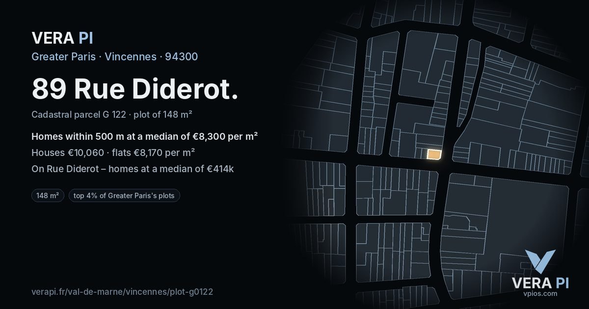89 Rue Diderot, Vincennes at night – the plot lit, the parcels around coloured by the prices near them